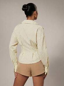 Hauture 女士休闲通勤条纹腰部纽扣前开襟长袖衬衫，秋季款 - 黃色 - 查看 2