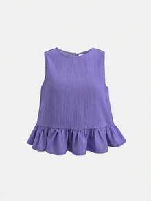 SHEIN 少女紫色纹理编织露背蝴蝶结撞色直筒裤休闲度假套装，春夏户外度假 - 紫色 - 查看 7