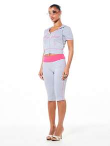 BABYPHAT Áo thun cổ tròn có mũ, khóa kéo, chất liệu jersey, phối màu hồng tương phản và họa tiết in, tay ngắn, phong cách đường phố thường ngày. - Xám - Xem 5
