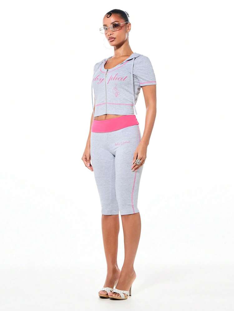 BABYPHAT Scoop Neck Zip Up Hooded Jersey Top With Pink Contrast Stitching And Graphic Print Short Sleeve Casual Streetwear