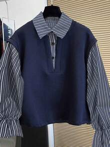 INAWLY Plus Size Women Striped Print Casual Versatile Long Sleeve Pullover Sweatshirt - Navy Blue - View 1