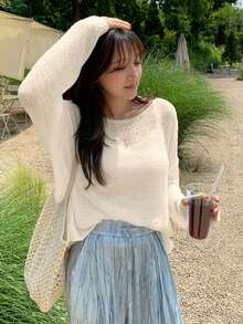 DAZY 宽松针织镂空长袖毛衣，女士叠穿罩衫 - 白色 - 查看 5