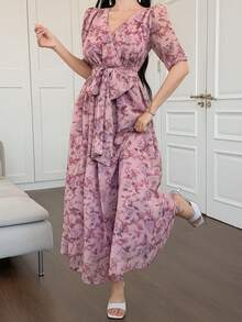 DAZY Women's V-Neck Waist Cinched Floral Print Long Dress Sundress Summer - Pink - View 5