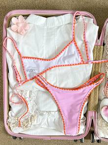 Swim Mod Women's Cream Yellow & Pink Floral Crochet Shell Trim Micro Bikini Set, Spring/Summer - Multicolor - View 2