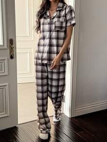 SHEIN Napfluff Plaid Print Lapel Cardigan Short Sleeve Pajama Set - Multicolor - View 4