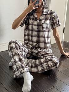 SHEIN Napfluff Plaid Print Lapel Cardigan Short Sleeve Pajama Set - Multicolor - View 7