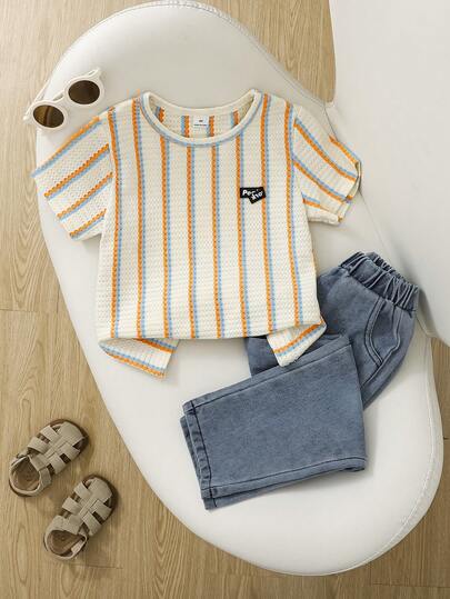 Playful Pals 2pcs/Set Young Boys Crew Neck Striped Waffle Fabric Short Sleeve T-Shirt + Elastic Waist Washed Blue Straight Leg Jeans Casual Retro Street Fashion Outfit, Suitable For Various Occasions In Summer