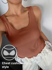 DAZY Lace Patchwork Sleeveless Tank Top For Women - Camel - View 3