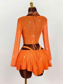 Amplova 亮片细节性感紧身长袖露脐上衣和紧身倒V领迷你裙两件套 - 橘色 - 查看 10