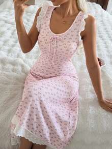 DAZY 甜樱桃印花系领撞色荷叶边无袖收腰女士睡裙 - 粉色 - 查看 1