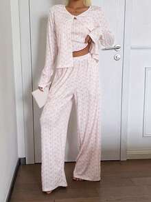 DAZY 3件套碎花撞色滚边女士睡衣套装 - 白色 - 查看 5