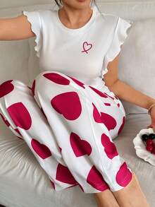 SHEIN Napfluff Heart Print Short Sleeve & Pants Cute Pajama Set - White - View 5
