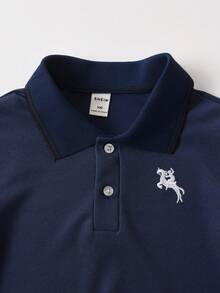 SHEIN Young Boy Summer Casual Sports Daily Commute Embroidered Short Sleeve Polo Shirt - Navy Blue - View 4