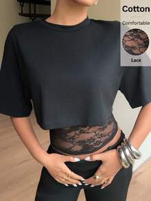 Siren Gaze Áo thun ngắn tay nữ thiết kế 2 trong 1 phối ren, kiểu dáng Y2K, thích hợp mặc mùa hè. - màu đen - Xem 7