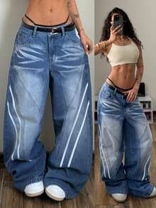 StreetHx Women's Punk Style Casual Street Fashion Versatile Loose Fit Denim Jeans - Medium Wash - View 8