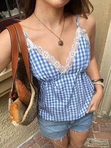 Serisse Women's Lace Patchwork Plaid Print Casual Camisole,Women's Gingham Lace Trim V Neck Cami Top – Summer Sleeveless Spaghetti Strap Tank,Summer,Spring,Festival,Party ,Beach,Wedding ,Graduation,Elegant ,Casual,Vacation,Formal,Business, - Multicolor - View 4