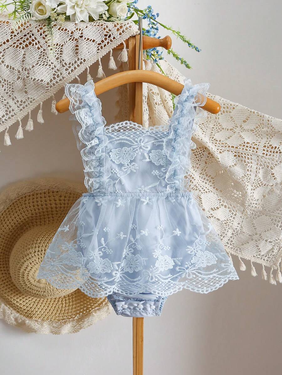 SHEIN Vintaside Kids Girls Baby Floral Embroidery Mesh Overlay Ruffle Trim Bodysuit - Blue - View 1