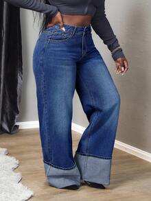 Slaydiva Plus Size Casual Solid Color Button Pocket Jeans - Dark Wash - View 2