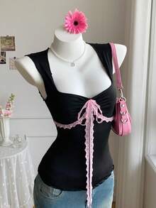 Comfortcana Women's Summer Casual Vacation & Commute Sweetheart Neck Chest Ruched Contrast Lace Twist Slim Fit Camisole Sexy Summer Top Lace Up Top Tie Up Top - Black - View 6