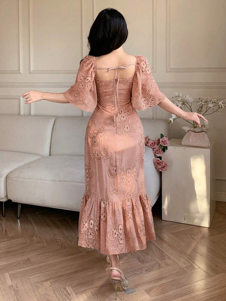 Women's Elegant Floral Print Square Collar Ruffle Sleeve Mid-Length Dress, Summer,Wedding Guest Dress Women Sundress