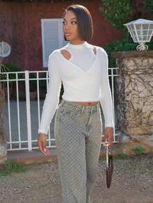 Yess Loren 女式镂空扭结高领长袖 T 恤，羊毛衬里，秋冬 - 白色 - 查看 4