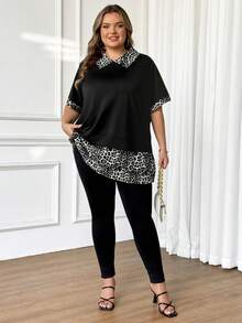 SHEIN CURVE+ Áo thun ngắn tay họa tiết da báo cỡ lớn dành cho nữ, thích hợp cho năm mới và ngày Valentine. - Đen và trắng - Xem 7