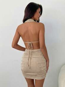 Aloruh Đầm ngắn ôm sát gợi cảm dành cho nữ, kiểu cổ yếm xoắn nhún bèo, thích hợp cho lễ hội âm nhạc, mùa xuân/hè. - Màu Khaki - Xem 2