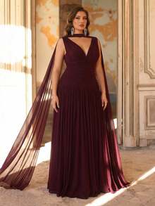 Aureia Saia Evasê A-Line Super Ampla com Decote V em Tule Brilhante Bordô, com Alça Destacável, Elegante em Plus Size, Adequada para Encontros, Festas de Solteiros, Casamentos, Eventos, Vestidos de Dama de Honra - Vermelho - Visão 5