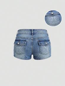 Sweetra Women's Fashion Casual Versatile Sexy Embroidered Denim Shorts - Light Wash - View 3