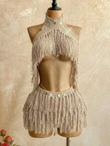 Soleia Fringe Detail Knit Top, Ibiza Style, Sexy Holiday Celebration Knit Vacation, Autumn/Winter - Apricot - View 4