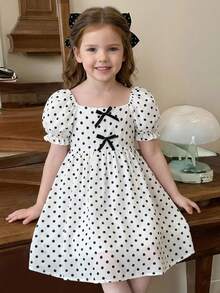 Young Girl Woven Ruffle Trim Square Neck Puff Sleeve Casual Dress - Black and White - View 4