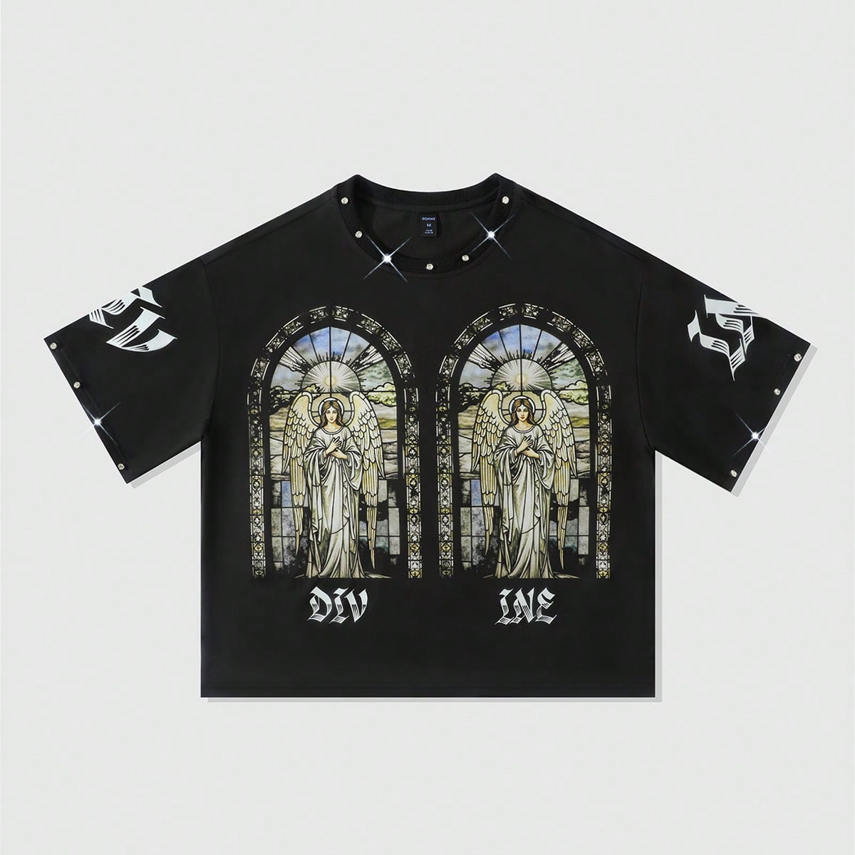 Camiseta suelta corta con estampado de rhinestones religiosos para hombres, estilo de los 2000
