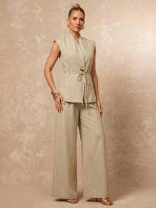 Lumalex 女士优雅杏色立领金属纽扣装饰无袖修身外套 + 女士杏色通勤双口袋修身直筒裤，春夏奢华新年新造型，低调奢华舞会聚会宴会低调奢华闪亮假日派对狂欢节郊游度假热门户外层次丰富的婚礼情人节礼物指南浪漫情人节穿搭季节宴会身份证派对新年派对造型狂欢女士服装外出穿搭女士休闲服装休闲商务办公着装 - 杏色 - 查看 9