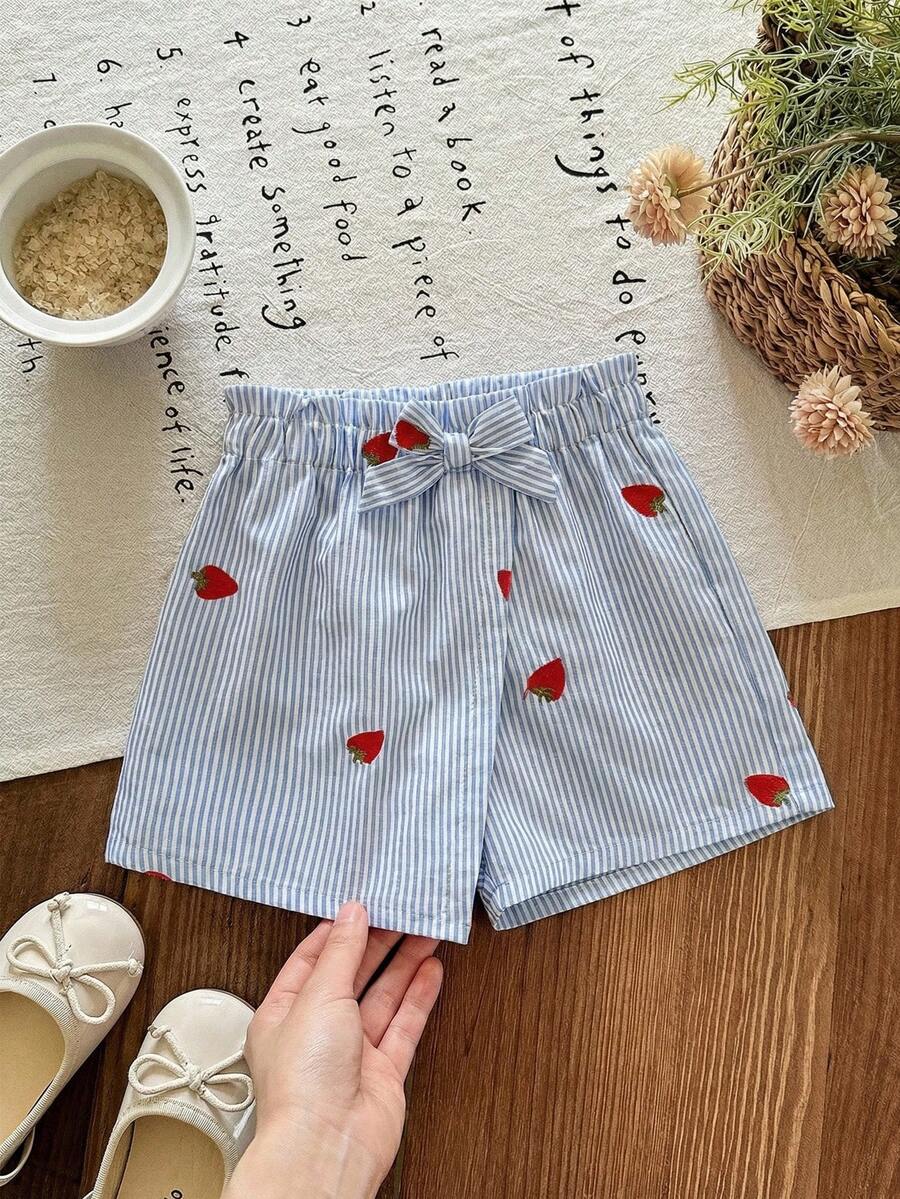 SHEIN Babygirl Cute Casual Versatile Striped Strawberry Pattern Elastic Waist Shorts - Multicolor - View 1