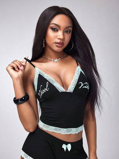 Y2Kool BiGraphic Casual Sexy Urban Chic Minimalist Y2K Fashionable Women Sports Lace Mint Green Crop Top, Suitable For Music Festival, Daily, Vacation, Date, Party, New Year, Spring/Summer