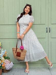 Vionelle 大码女士优雅波点图案连衣裙 - 杏色 - 查看 1