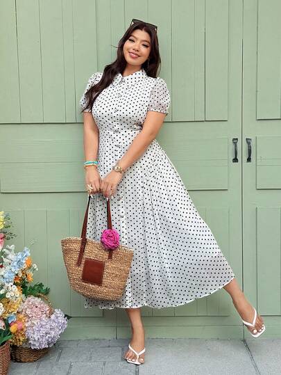 Vionelle Vestido elegante de lunares para mujer de talla grande