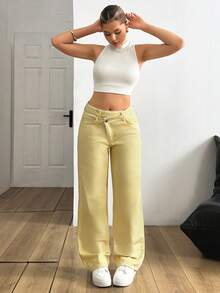 SHEIN Low Waist Casual Style Button Detailed Yellow Rinse Wash Regular Fit Straight Jean - Yellow - View 7