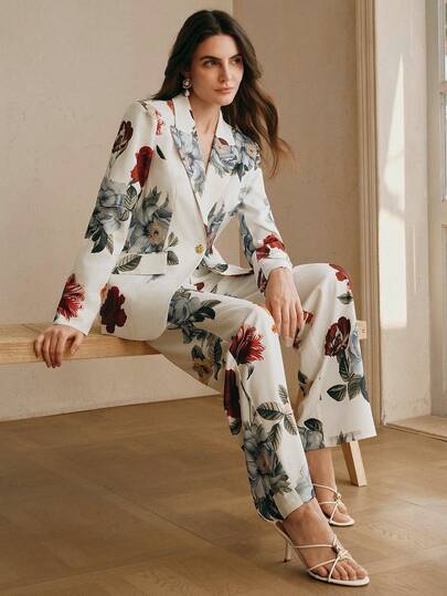 Anewsta Conjunto de pantalones elegantes y estilizados con estampado floral para mujer, adecuado para salir, fiestas y ocasiones formales