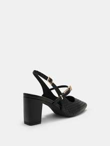 Bholvia Women's Woven Texture, Square Toe, Block Heel, Fashion, PU Leather, Black, Slingback, Office Spring Shoes Summer Shoes - Black - View 8