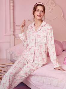 Bonmuse Bộ đồ ngủ in nơ thanh lịch 2 món, bao gồm áo dài tay thoải mái có cổ và quần cạp chun rộng rãi, thích hợp làm đồ ngủ, mặc đi chơi, dự tiệc, mặc được mọi mùa, mặc mùa đông - Hồng - Xem 1