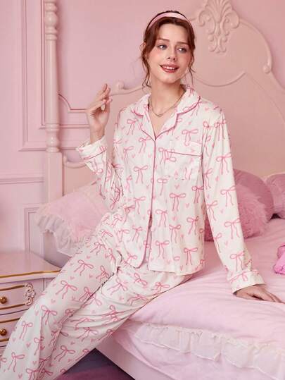 2pcs Elegant Bow Print Loungewear Set, Includes Comfortable Long Sleeve Top With Collar And Relaxed Elastic Waist Pants, Suitable For Sleepwear, Lounging, Parties, All Seasons, Winter Clothes