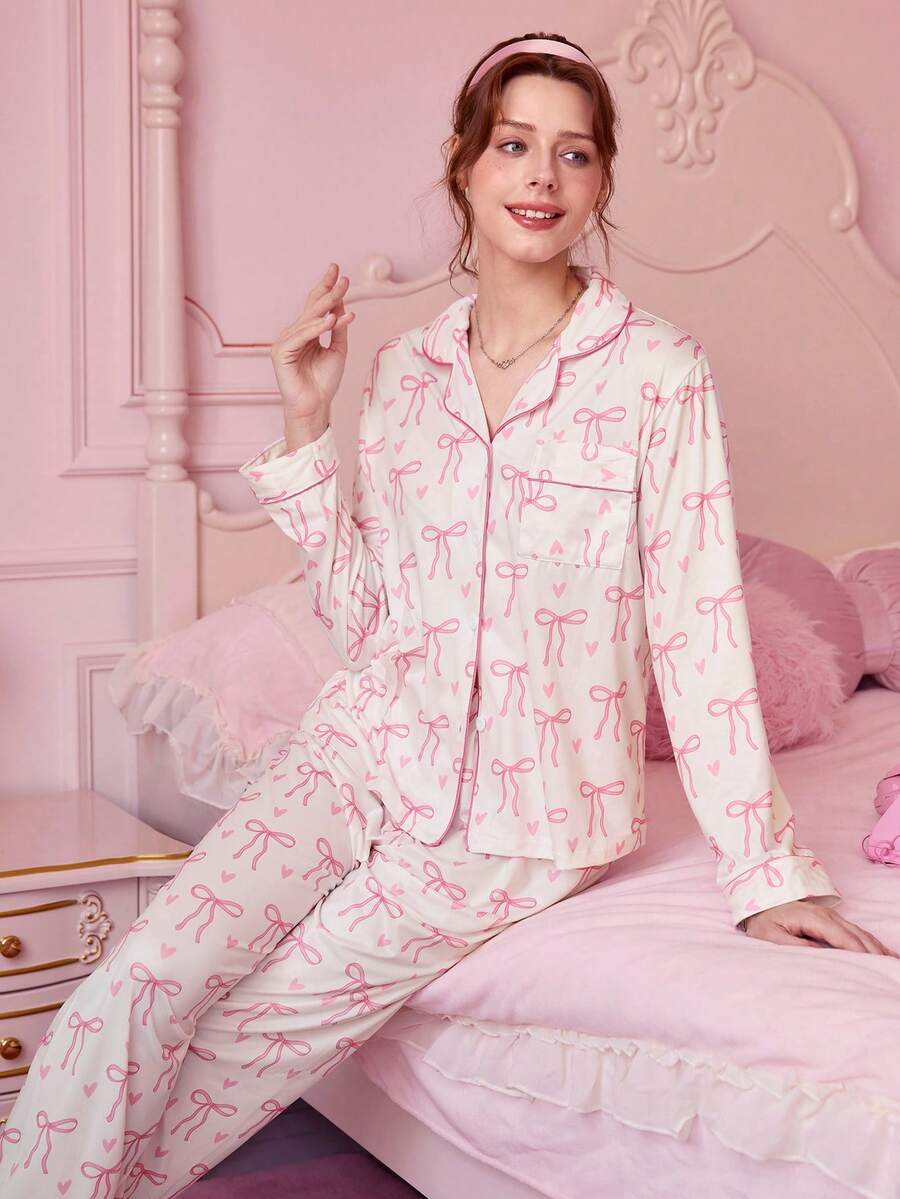 Bonmuse Bộ đồ ngủ in nơ thanh lịch 2 món, bao gồm áo dài tay thoải mái có cổ và quần cạp chun rộng rãi, thích hợp làm đồ ngủ, mặc đi chơi, dự tiệc, mặc được mọi mùa, mặc mùa đông - Hồng - Xem 1
