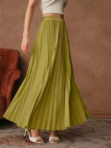 Anewsta Essential Women's Solid Color Elegant Pleated Skirt Maxi - Green - View 3