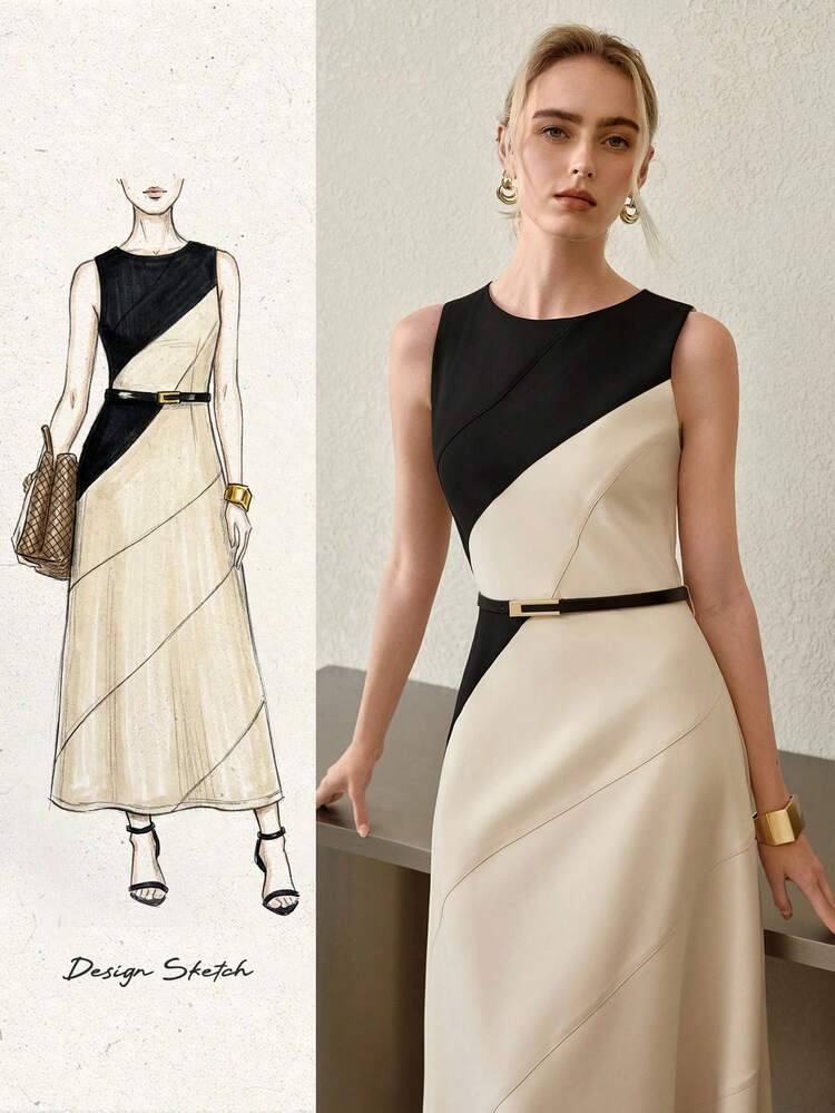 VESTIDO AJUSTADO EM A COM CINTO, DECOTE REDONDO SEM MANGAS, COLORBLOCK, ESTILO CHIQUE PARA TRABALHO