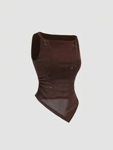 Sweetra 女士复古优雅时尚金属针织扭结下摆不对称无袖棕色吊带背心，适合通勤、休闲穿着、海滩度假、嘉年华等场合。 - 咖啡棕 - 查看 3