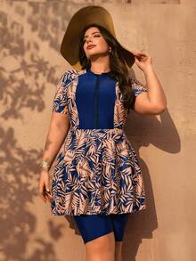 Swim Mulvari 大码女式两件套随机树叶印花前拉链短袖中长短裤连体泳衣带印花裙 - 藏蓝色 - 查看 6