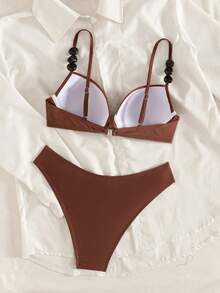 Swim Chiccia 女士纯色可调节肩带串珠泳衣，侧边褶皱设计，两件套 - 咖啡棕 - 查看 4