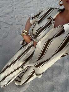 DAZY 女士条纹落肩短袖纽扣休闲衬衫长裤两件套家居服套装，夏季女士休闲套装 - 杏色 - 查看 5