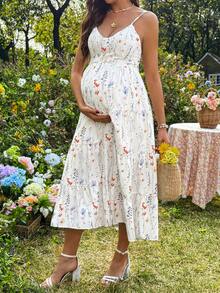 SHEIN Vestido de tirantes casual con estampado floral y volantes para maternidad - Albaricoque - Ver 8